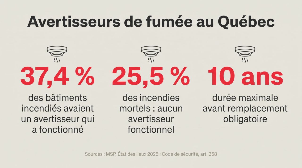 Infographic on smoke alarms in Quebec: 37.4%, 25.5% and mandatory replacement after 10 years