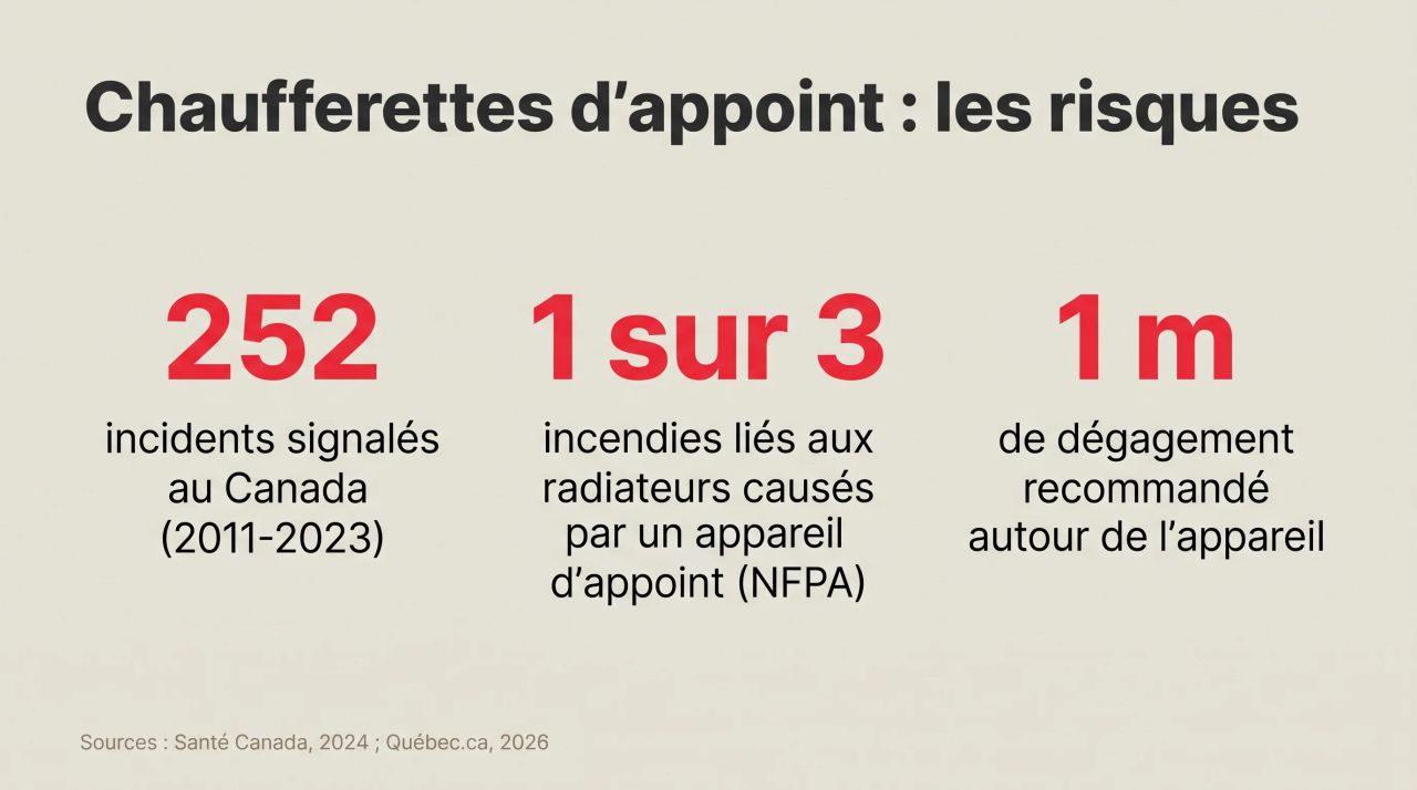 Infographic on space heaters: 252 incidents in Canada, 1 in 3 fires linked to a space heater, 1 m clearance