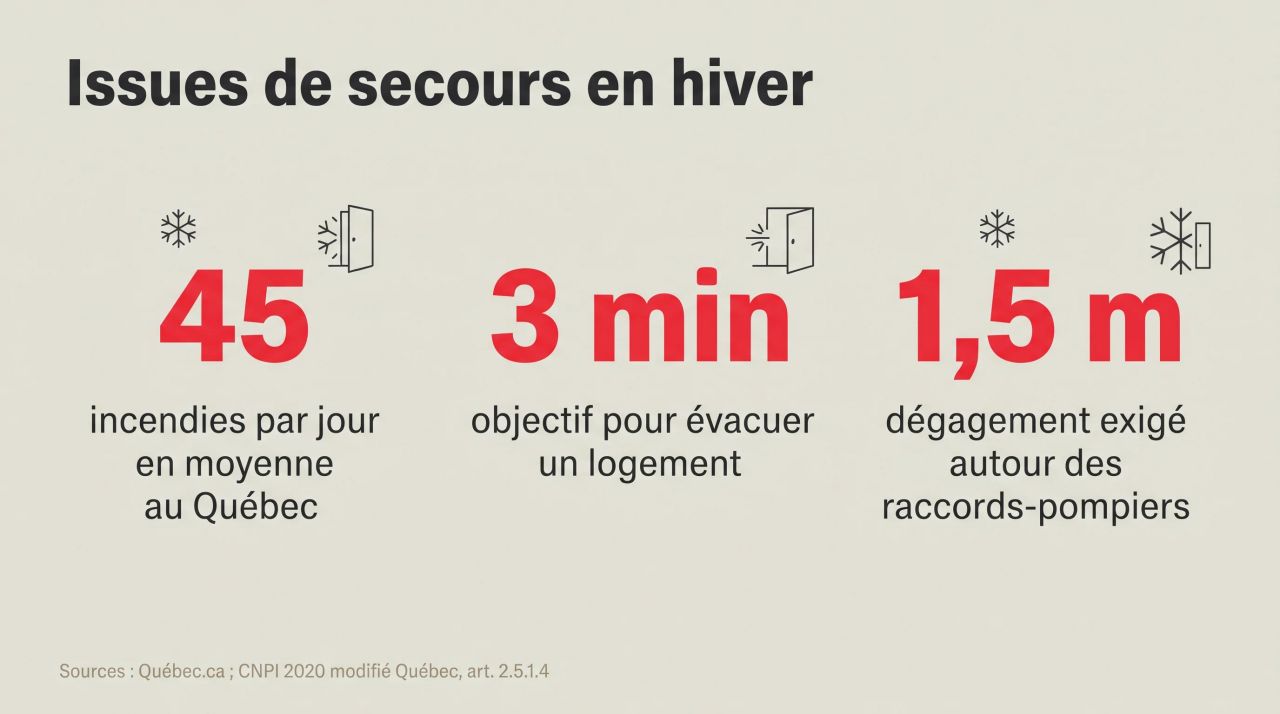 Infographic: 45 fires per day in Quebec, 3-minute target to evacuate, 1.5 m cleared around fire department connections
