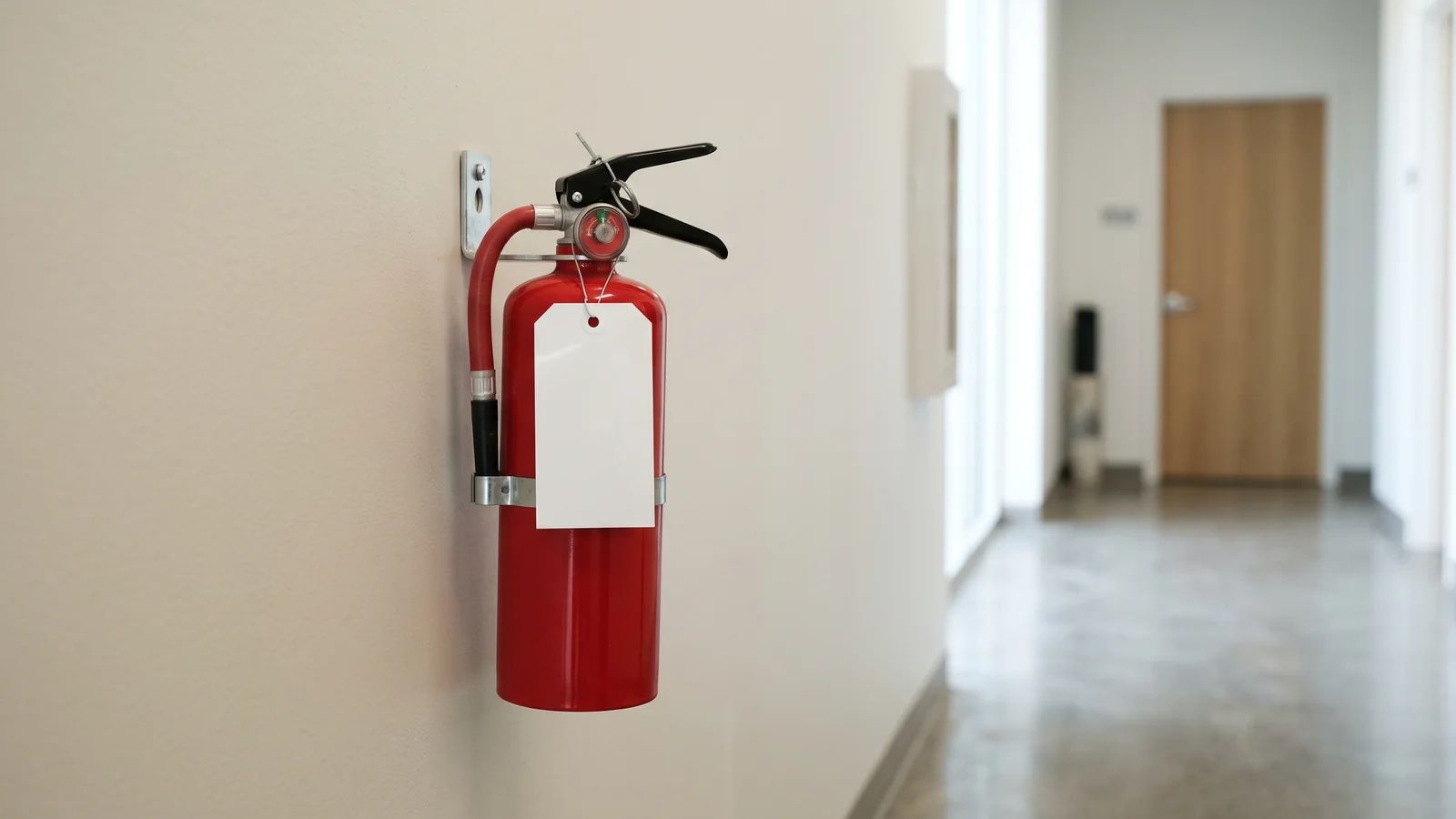 Red portable fire extinguisher mounted on the wall of a commercial corridor with its inspection tag