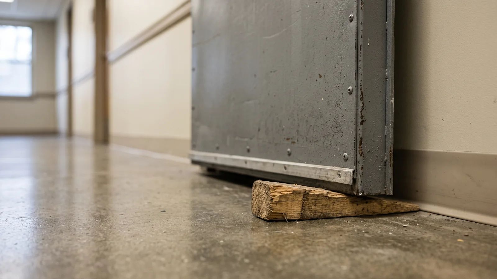 Steel fire door held open with a wooden wedge in a commercial building corridor