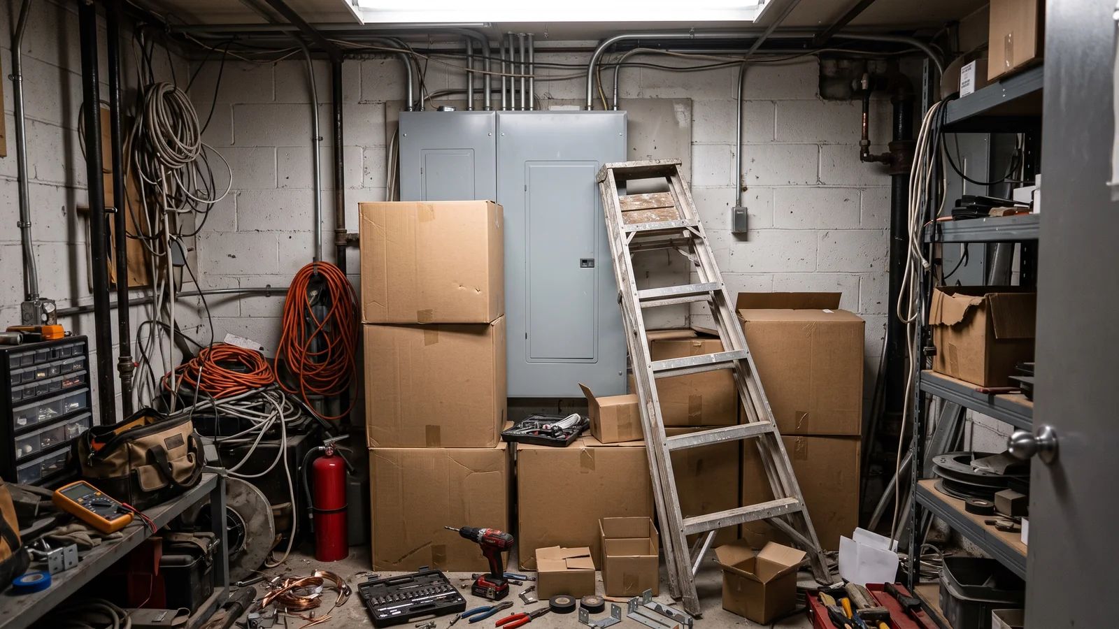 Commercial building electrical panel blocked by stacked cardboard boxes and a ladder