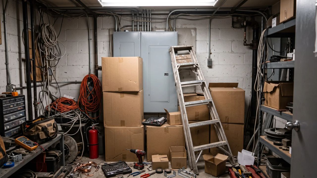 Commercial building electrical panel blocked by stacked cardboard boxes and a ladder